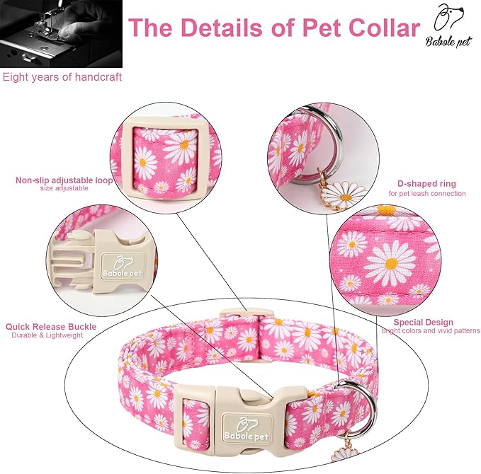 Summer Daisy Dog Collar, Cute Floral Adjustable Pink Dog Collars for Medium Dogs, Lightweight Quick-Release Buckle Collar for Boy&Girl Dogs M