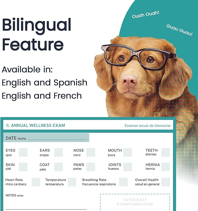 Color Premium PU Leather stitch-sewn US Pet Passport Medical Record for Pet Health and Vaccination English + Spanish for Cat, Dog, Puppy and Kitten (Teal, Single)