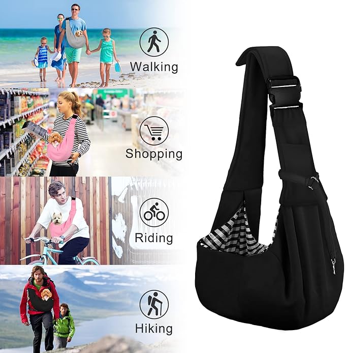 PETLOFT Reversible Dog Cat Sling Carrier, Small Dog Carrier, Adjustable Dog Sling, Hands Free Cross Body Carrier with Collar Hook for Dog/Cat/Bunny up to 11lb, Black