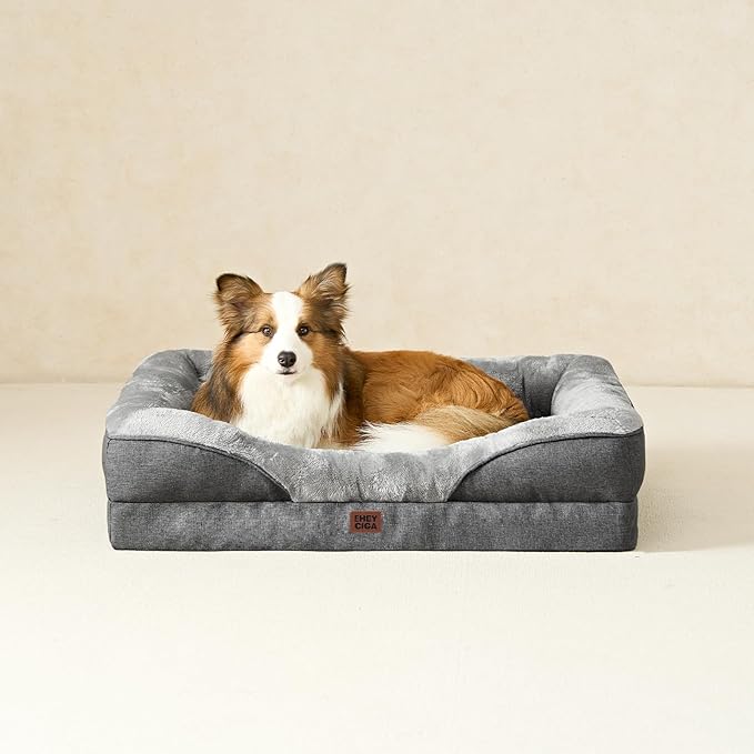 EHEYCIGA Orthopedic Dog Bed for Medium Dog, 35x22x6.5 Inch Memory Foam Dog Couch Bed with Sides, Waterproof Liner & Washable Removable Cover, Bolster Pet Sofa, Grey