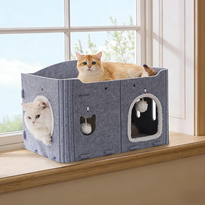 Joydeco Cat House for Indoor Cats, Extra Wide Scratch Resistant Felt Cat Condo, Hideaway Pet Cave Bed with Fluffy Ball and Tunnel for Kitten, Small Dogs, Rabbits, 22.4 x 13.7 x 14.9, Grey