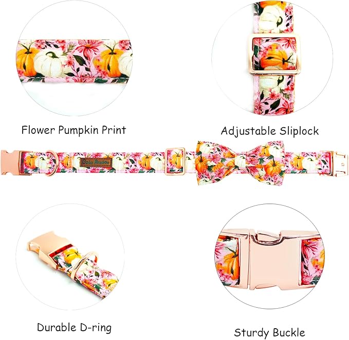 Fall Dog Collar, Pink Flower Pumpkin Print Adjustable Pet Collar Cute Cotton Soft Collars with Bow Tie Metal Buckle Holiday Puppy Collars Boy&Girl Gift for X-Small Dogs