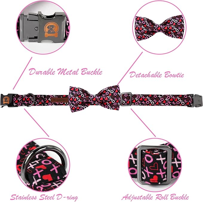MR. CHUBBYFACE Valentine's Dog Collar with Bowtie, XOXO Red Heart Dog Collar with Metal Buckle, Cute Adjustable Boy Girl Female Collars for Small Medium Large Dogs