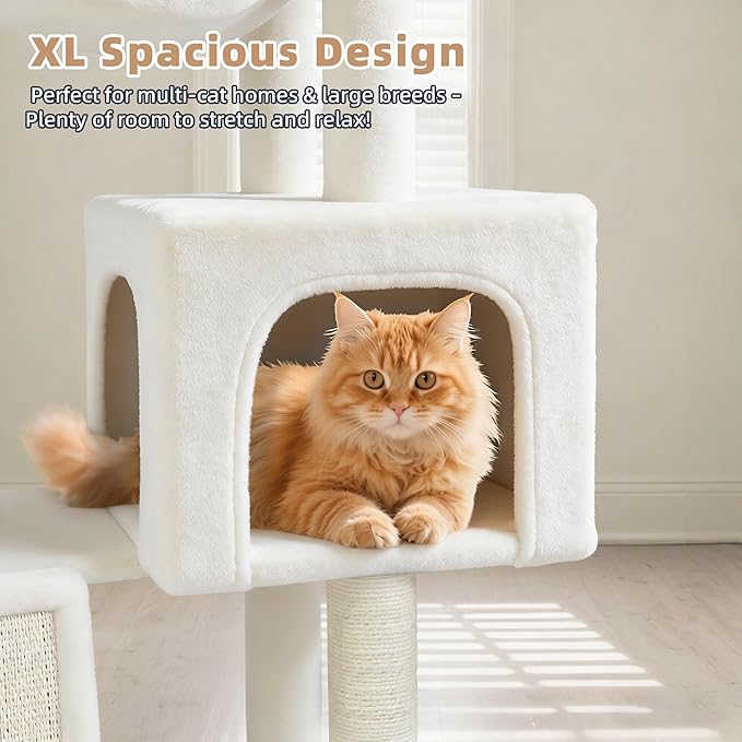 Cat Tree with Cat Condo and Two Hammocks, Cat Tree with Scratching Posts and Scratching Pads, Cat Tower for Indoor Cats, Activity Centre Climbing Tree with Playful Toy Balls, Beige