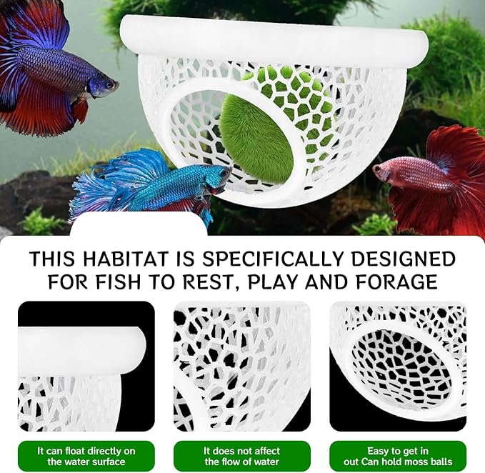 Aquarium Betta Fish Feeding Station, Floating Ring with Cave Hammock, Fish Hide Decoration, White