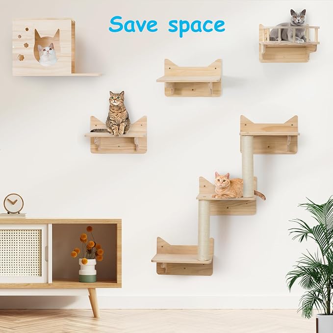 Cat Wall Shelves for Large Cats – Pine Cat Wall Furniture 9-Piece Climber Set with House, Ladder & Scratching Posts, Space-Saving, Sturdy, Supports Multiple Cats