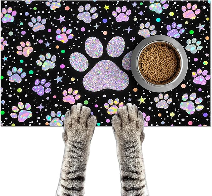 Pet Feeding Mat 24x16 inch Glitter Paw Print Pet Bowl Placemat Non Slip Floor Mat for Food and Water Indoor Pet Feeding Station Cute Meal Pad for Small Cats and Dogs Kitchen Use