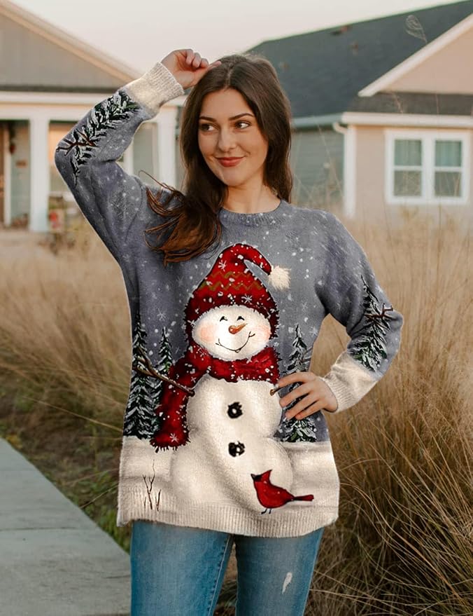 YESNO Women Christmas Sweater Graphic Printed Oversized Pullover Sweaters Casual Loose Knit Tops S01