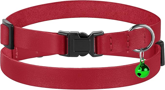 Breakaway Cat Collar with Bell - Leather Adjustable Kitten Collars with Safety Quick Release Buckle - Soft Small Pet Collars for Girl & Boy Cats (Red)