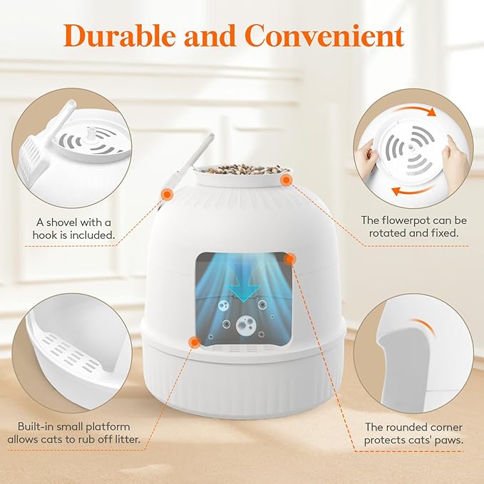 Lifewit Cat Litter Box, Hidden Enclosure Litter Tray with Odor Control & Carbon Filter in Living Room, Bedroom, Corner with Faux Plant& Plastic Scoop, 48 x 120 cm/19x47, White