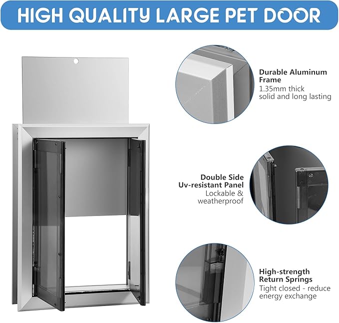 Large Dog Door, Weatherproof Aluminum Dog Door with Automatic Closing Double Panels Easy to Install Pet Door for Large Dogs and Cats, Closing Panel Included