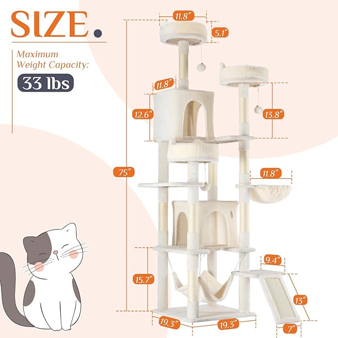 Large Cat Tree 75 Inch, Multi-Level Tall Cat Tree Tower with Condo, Perches, Sisal Scratching Posts Board and Hammock, Pet Play House with Dangling Balls for Indoor Cats, Beige