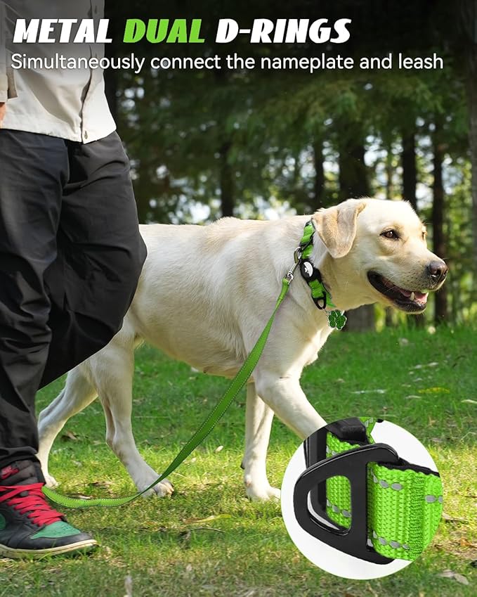 Joytale Airtag Dog Collar, Reflective Pet Collar with Waterproof AirTag Holder, Dual D-Rings, Soft Padded Adjustable for Large Dogs, Green, L