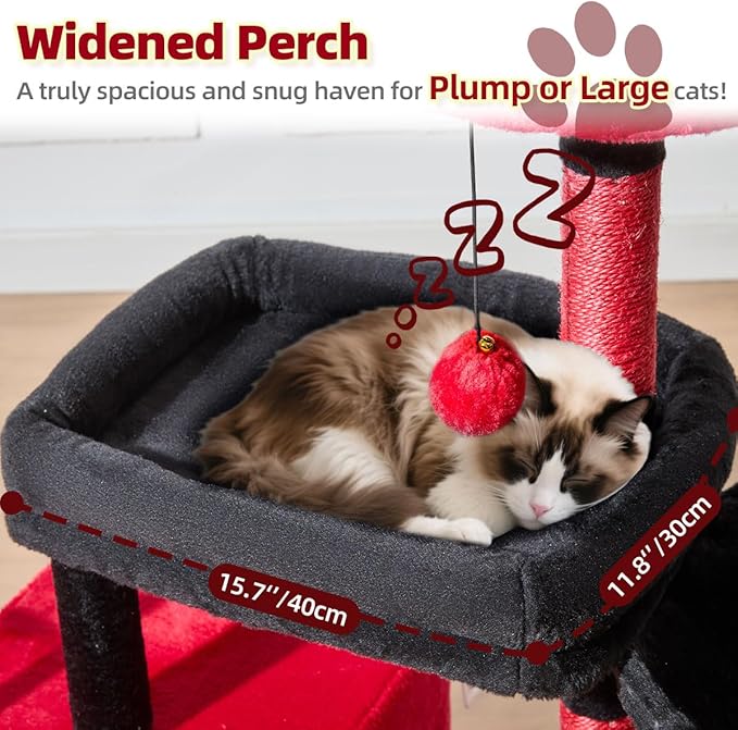 Taoqimiao MS043BR Cat Tree, 32.2-Inch Cat Tower for Indoors Cats, Cat Condo with Large Cat Perch, Spacious Cat Cave, Scratching Posts for Small and Medium Cats, Black and Red