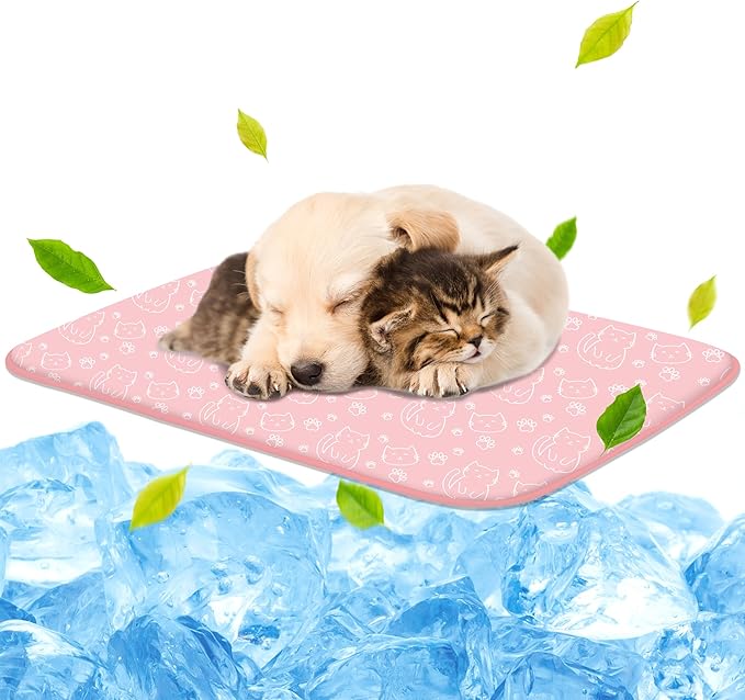 NWK Pack of 4 Pet Cooling Mat - Ice Silk Cooling Mat for Dogs & Cats Portable & Washable Pet Cooling Blanket, Car Seats, Beds for Summer (4pcs, Pink Cat, 27’’ X 20’’ X 0.3)