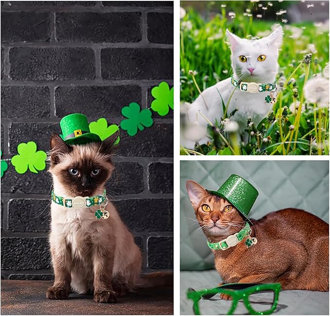 ARING PET 2 Pack St. Patrick's Day Cat Collars-Cute Green Clovers Cat Collar Breakaway with Bell&Pendant, Adjustable Lucky Trefoil Shamrock Kitten Collars with Safety Buckle
