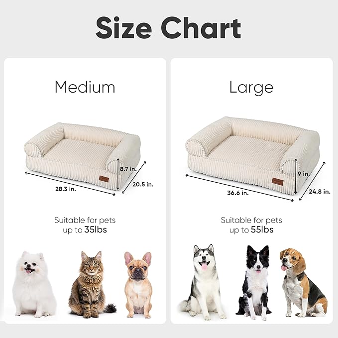 FUKUMARU Dog Couch Bed, Corduroy Cozy Cat Bed for Indoor Cats with Washable Cover, 28in Waterproof Orthopedic Dog Beds Sofa for Small Dogs and Large Cats, Cute Warm Cotton Pet Sofa, Cream