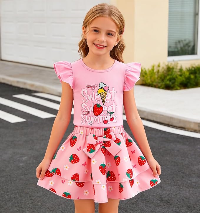 Girls Skirt Set 2 Piece Outfit Toddler Summer Clothes Ruffle Sleeve T-Shirt Bow Knot Tutu Skirt Outfit Set