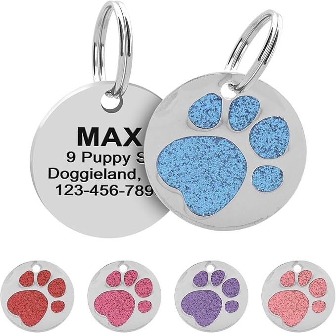 Paw Shape Dog ID Tag Stainless Steel Custom Laser Engraved, Cute Bling Glitter Pet Name Tags Personalized with Durable Engraving (Silver Round Paw)