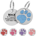 Paw Shape Dog ID Tag Stainless Steel Custom Laser Engraved, Cute Bling Glitter Pet Name Tags Personalized with Durable Engraving (Silver Round Paw)
