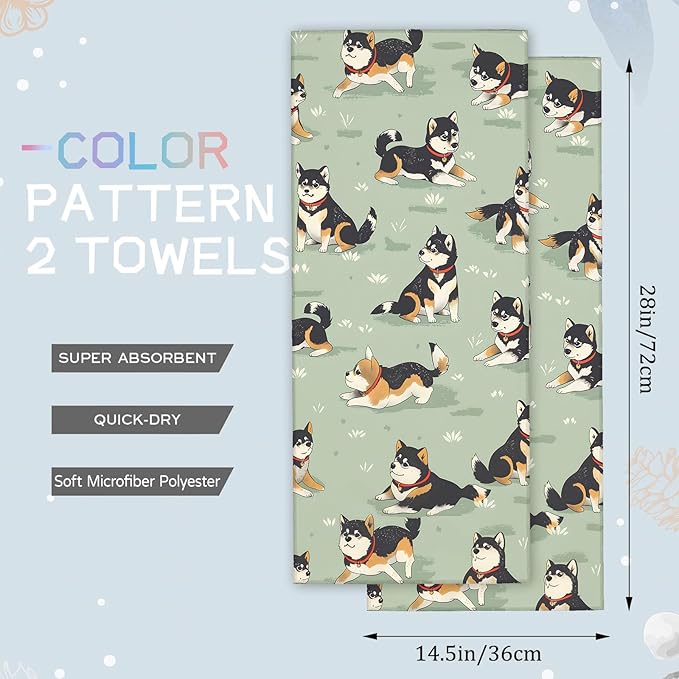 Cute Shiba Inu Hand Towels - 2 Pack, 14.5" X 28",Soft Microfiber Polyester Cartoon Towel Set with Dog-Lover,for Fun Bathroom Kitchen Spa Hotel Decor Gifts Women Girls