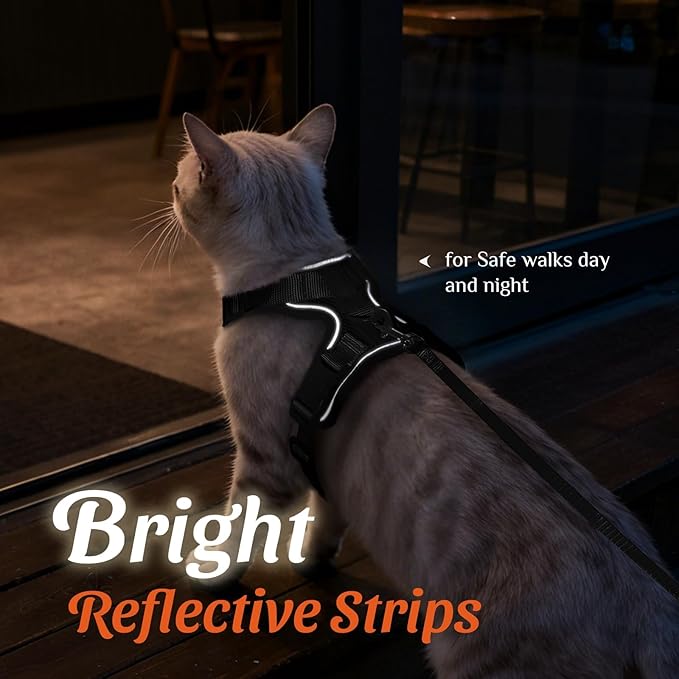 Dooradar Cat Harness and Leash Set, Escape Proof Safe Adjustable Kitten Vest Harnesses for Walking, Easy Control Soft Breathable Mesh Jacket with Reflective Strips for Cats, Black, XS