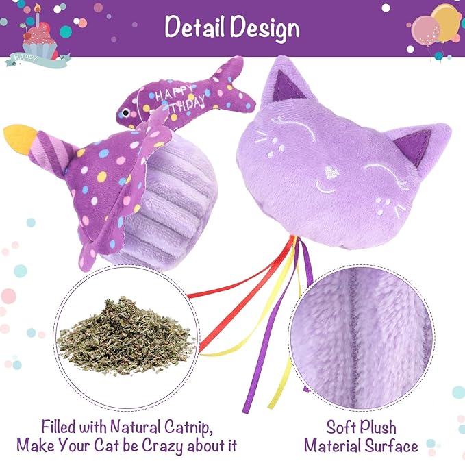 BINGPET Cat Birthday Catnip Toys for Indoor Cats, 5 Pcs Cat Birthday Gift Kitten Interactive Toys for Boy Girl Cats, Soft Plush Catmint Kitty Chew Kick Toy, Hat, Bandana, Balloon, Cake, Fish, Purple