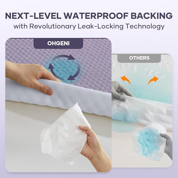 OhGeni 100% Waterproof Mattress Protector,Queen Size Mattress Soft Pad,Pet Hair & Bedwetting Resistant,Cooling Breathable Fitted Sheets,Washable Bed Cover,Non-Slip Deep Pocket,Noiseless,Purple