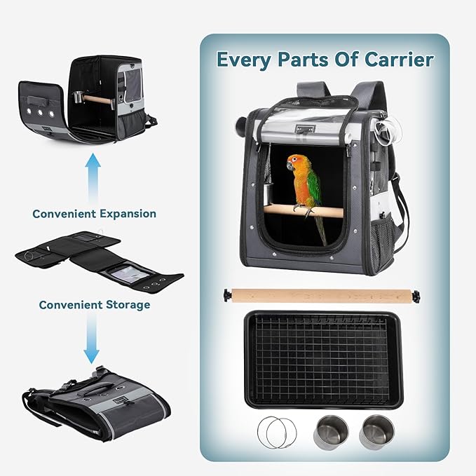 Bird Carrier with Shade Cover,Adjustable Height Standing Perch,2 Feeder Bowls and Great Ventilation, Fit for Medium Sized Birds (Grey)