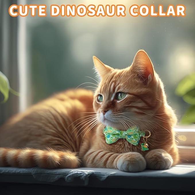 3 PCS Cat Collars with Bow Tie and Bell, Cat Collars Dinosaurs Pattern Breakaway Adjustable Cat Bow Tie Collars, Cute Bow Tie Suitable for Kittens Or Certain Puppies