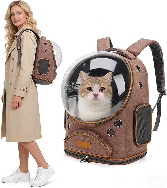 Cat Backpack Carrier, Breathable Cat Carrier Large Space Bubble Pet Backpack for Small Dog and Large cat up to 18lbs, Transparent & Foldable Pet Carrier for Travel Hiking (Brown)
