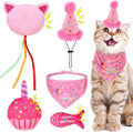 BINGPET Cat Birthday Catnip Toys for Indoor Cats, 5 Pcs Cat Birthday Gift Kitten Interactive Toys for Boy Girl Cats, Soft Plush Catmint Kitty Chew Kick Toy, Hat, Bandana, Balloon, Cake, Fish, Pink