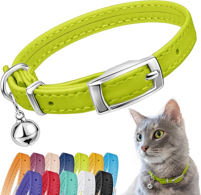 CollarDirect Leather Cat Collar with Bell - Kitten Collar, Small and Big Cat Collar for Boy Cats, Girl Cats with Safety Elastic Strap (Neck Fit 6"-7", Lime Green)