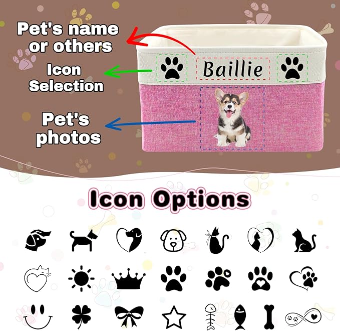 Personalized Dog Cat Toy Storage Basket with Photo & Name, Custom Collapsible Pet Organizer Bin with Handles for Toys, Clothes, Blankets & Pet Supplies