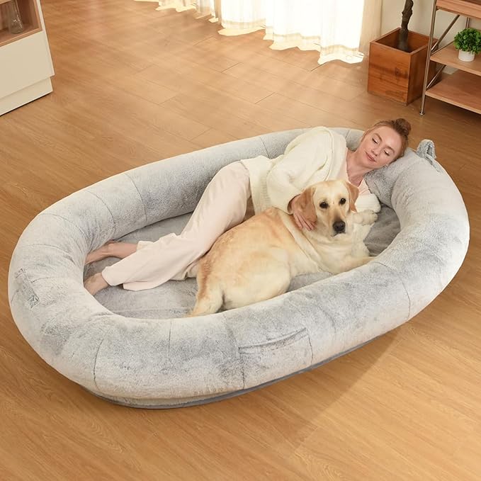Human Dog Bed for Adults, 74"x50"x12" Giant Memory Foam Bed for Ultimate Comfort, Waterproof & Machine Washable Cover with Storage Pocket, Ideal for Sleep and Nap, Light Grey