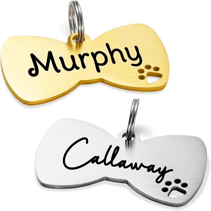 Ultra Joys Dog Tags Personalized for Pets - Hollow Paw Custom Pet ID Tag - Engraved Dog Tag for Small, Large Dogs - Large Bow Tie in Gold