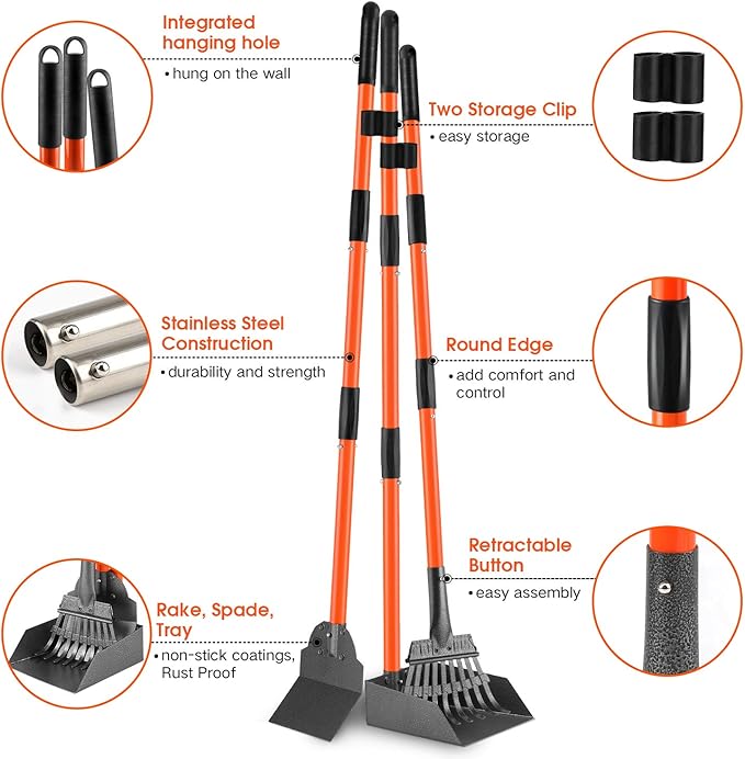 Pooper Scooper, Detachable Long Handle Dog Pooper Scoopers with Heavy Duty Metal Rake, Tray & Spade, Durable Pooper Scooper for Large Medium Small Dogs, Great for Lawn, Grass, Dirt, Gravel, Yard