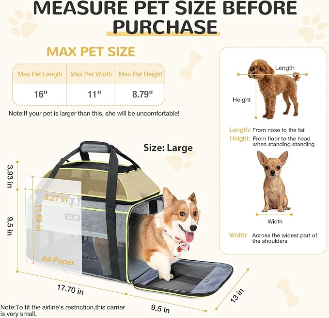 Lekereise Top-Expandable Pet Carrier 18x13x9.5 Inch Southwest Frontier Airline Approved Soft Sided Underseat to 15lbs Travel Carriers for Small Cats Dogs with Locking Safety Zippers Anti-Scratch Mesh