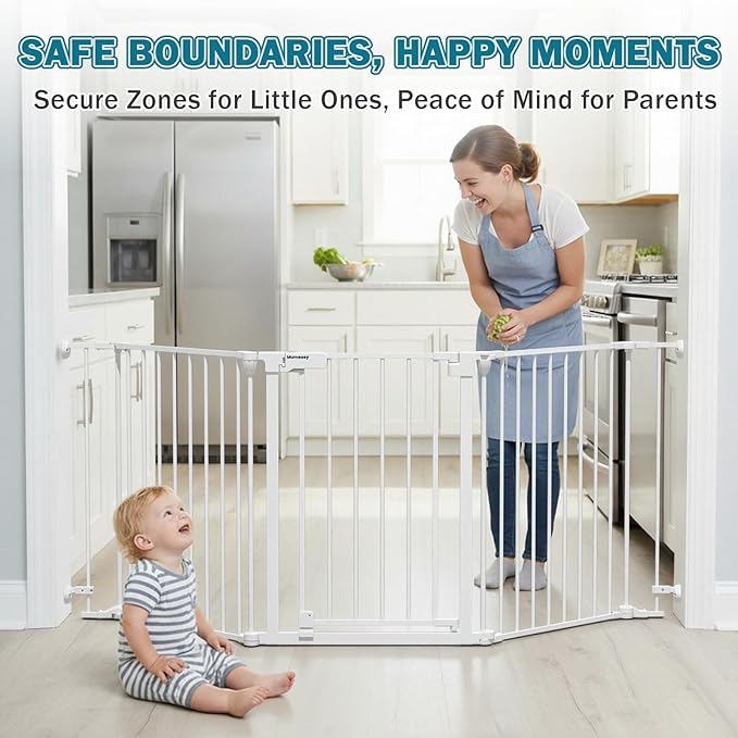 Mumeasy 80" Extra Wide Baby Gate for Doorways, Stairs & Fireplace, Auto Close Dog & Pet Gate with Walk Thru Door, 3 Metal Panels, Hardware Mounted Child Safety Fence for House, Indoor/Outdoor, White