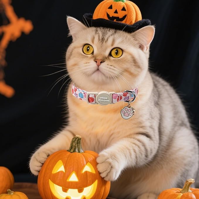 Unique Style Paws Halloween Cat Collar,Cute Cat Collars with Pumpkin Pattern,Pumpkin Kitten Collar with Breakaway Buckle,Ideal Gift for Boy Girl Cats