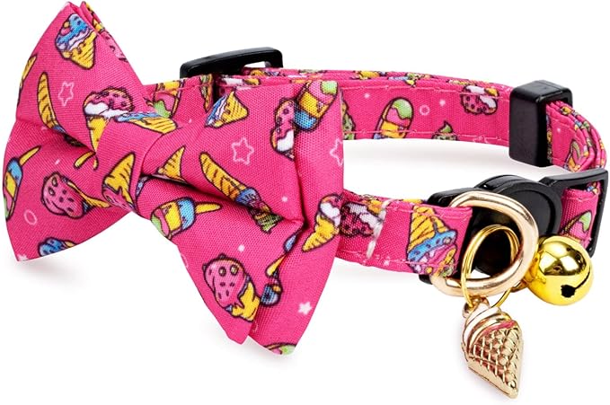 2 Pack Cotton Cat Collar with Bow Tie and Bell for Girl Boy Cats,Cute Pink Flamingo and Blue Whale Pattern Spring Summer Breakaway Cat Collar for Male Female Cats (Ice Cream)