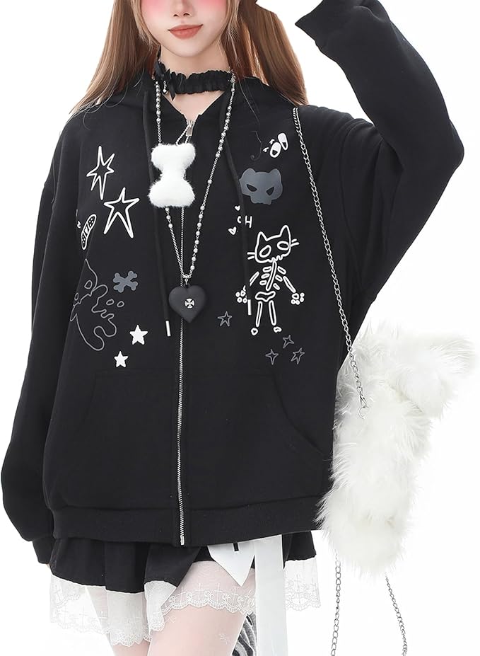 Womens Y2K Zip Up Cute Graphic Hoodies Cat Ears Casual Cartoon Harajuku Kawaii Clothes Oversize Streetwear Jacket
