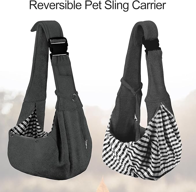 PETLOFT Reversible Dog Cat Sling Carrier, Small Carrier, Adjustable Sling, Hands Free Cross Body Carrier with Collar Hook for Dog/Cat/Bunny up to 11lb (Dark Grey)