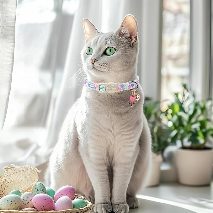 2 Pack Cute Cat Collars - Playful Carrot & Floral Printe Soft Breakaway Cat Collar with Bell & Matching Pendant, Adjustable Spring Summer Kitten Collars for Boy Girl Cats