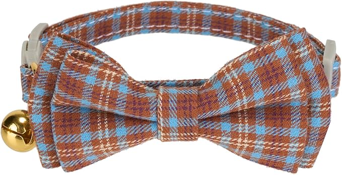 2 Pack Cotton Cat Collar, Removable Bowtie, Plaid Pattern, Safety Breakaway Clasp, Adjustable for Cats.(Adult Cat, Beige and Red)