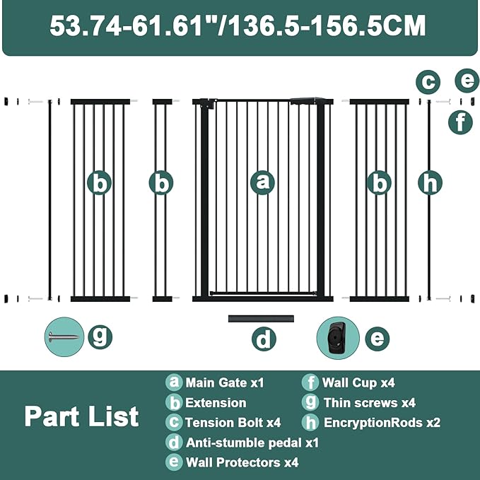 40.55" Tall, 53.74-61.61 Inch Wide, 1.37" Ultra Narrow Spacing Dog Pet Baby Gate Indoor for Doorway Hallway, Pressure Mounted 54 55 56 57 58 59 60 61 Inches Wide Black