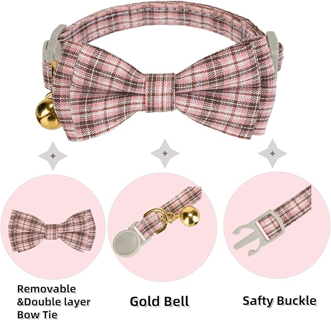 2 Pack Soft Cotton Cat Collars with Bowtie and Bell Breakaway Plaid Cat Kitten Collar(Pink and Jade Green)