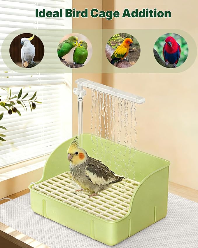 Pawfly Automatic Bird Bath for Cage, Bird Bath with Pump, Filter Sponges & Splash Guard Liner, Large Bird Shower with Running Water, Indoor Parrot Bath for Pet Birds, Bird Cage Accessories