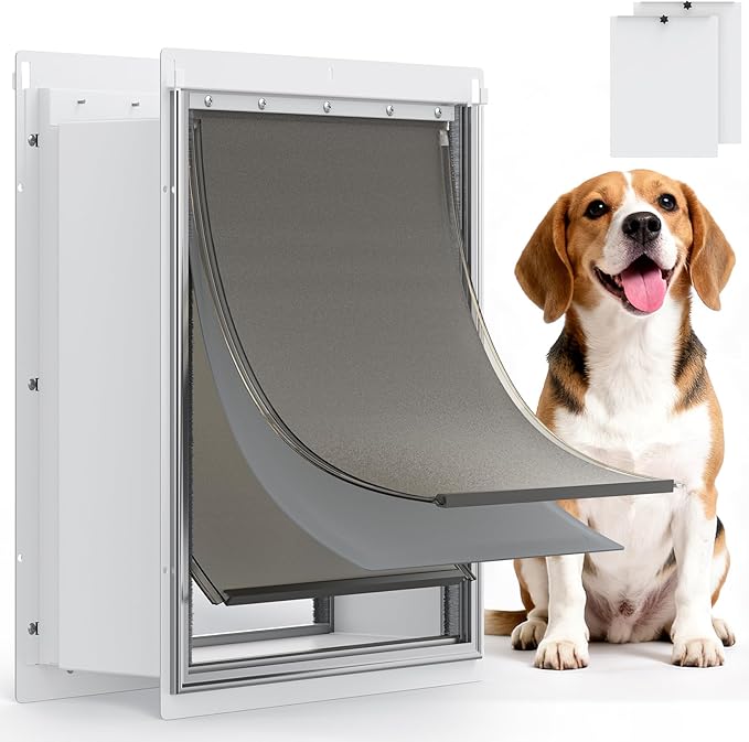 Pet Dog Door for Wall - Robust Steel Pet Door with Magnetic Triple Flaps, 12.6" x 10" Flap Opening, Adjustable Tunnel for 3.4"-6" Thick PVC, Wood, Drywall, for Pets Up to 45lb, White