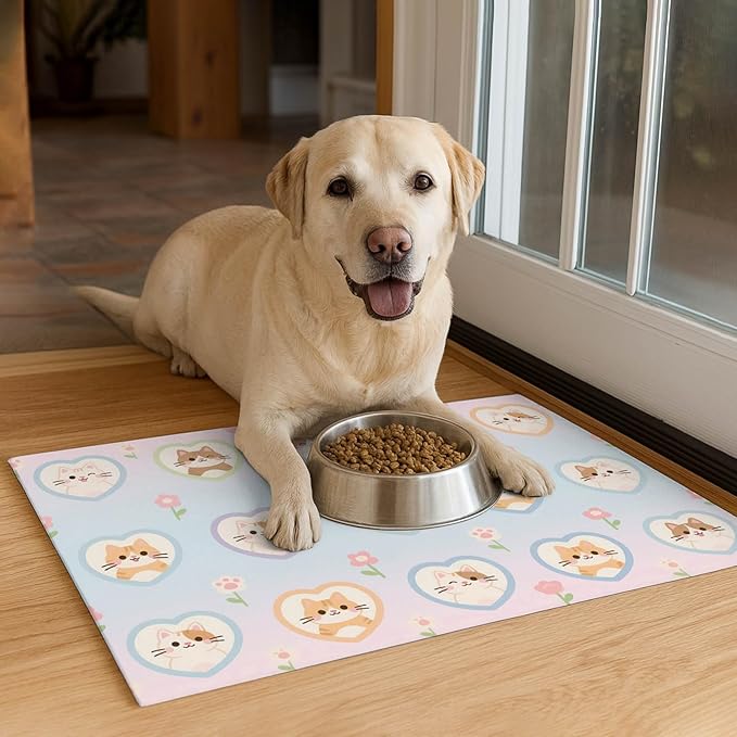 Cat Feedings Mats 20x12 inch Pastel Heart Kitten Print Pet Bowl Placemat Non Slip Mat for Dog Food and Water Indoor Kitty Feeding Station Cute Cats Meal Mat for Small Pets Kitchen Floor Use